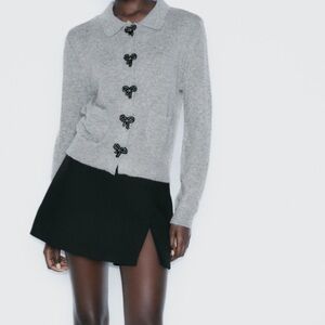 Zara Gray Cardigan with Black Bow Accents